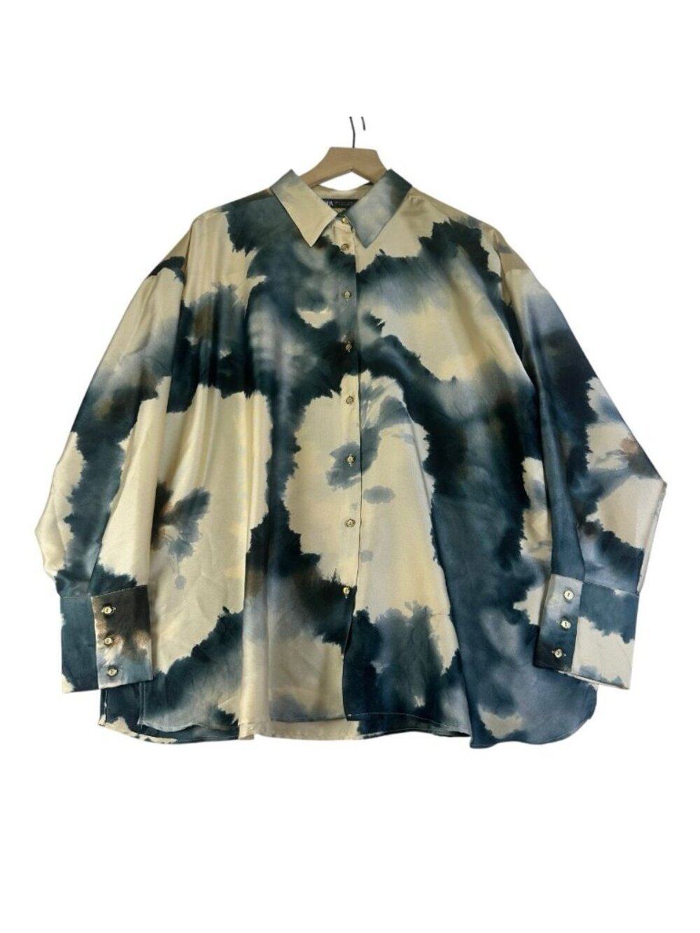 Zara Watercolor Blouse Shirt Womens Large Green Blue Artsy Boho Lagenlook LS
